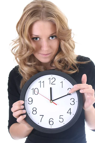 Woman in black with clock — Stock Photo, Image
