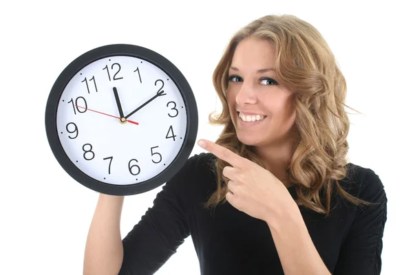 Mulher feliz em preto com relógio — Fotografia de Stock