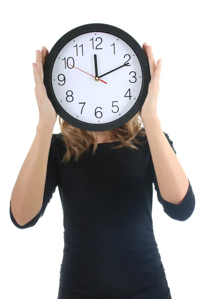 Woman in black with clock — Stock Photo, Image