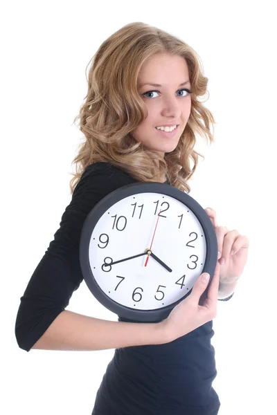 Glückliche Frau in schwarz mit Uhr — Stockfoto
