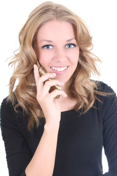 Happy woman speaking by phone — Stock Photo, Image