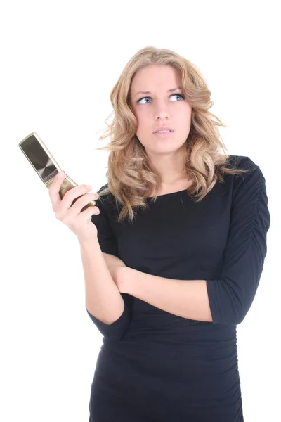 Žena blond myšlení s telefonem — Stock fotografie