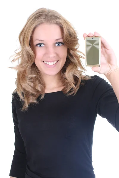 Блондинка показує золотий телефон — стокове фото