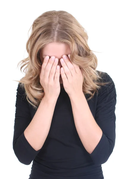 Crying blonde woman in black — Stock Photo, Image