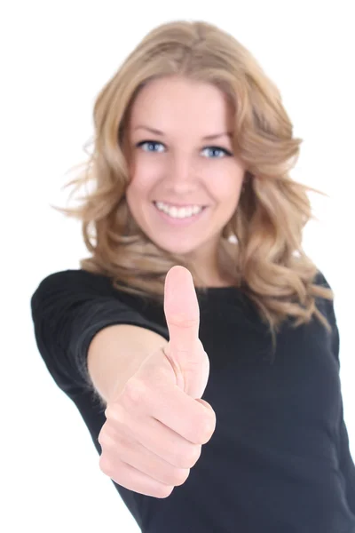 Boldog nő mutatja hüvelykujját fel jel — Stock Fotó