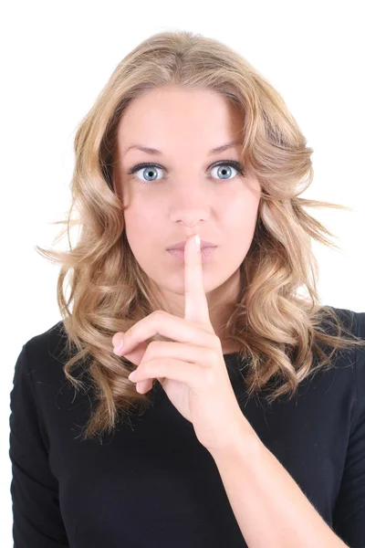 Blonde woman showing shhh sign — Stock Photo, Image
