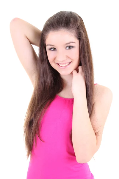 Adolescente feliz na camiseta rosa — Fotografia de Stock