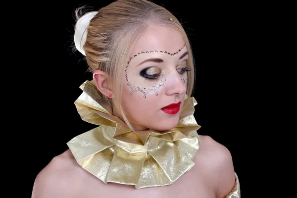 Mooie vrouw met gouden Venetiaanse masker — Stockfoto