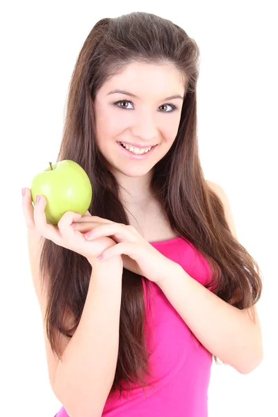 Yeşil elma ile mutlu kız — Stok fotoğraf