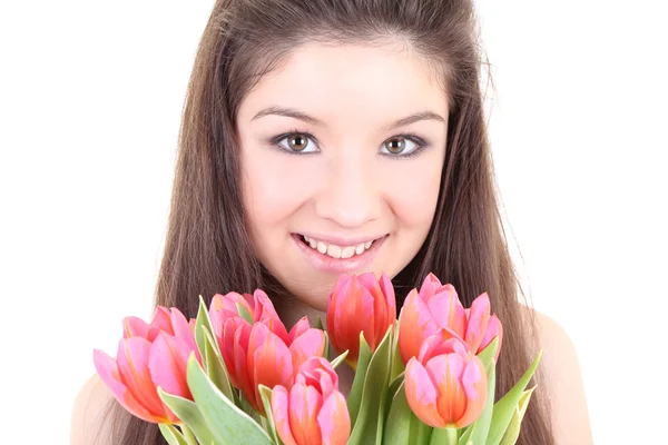 Щаслива дівчина з рожевими тюльпанами — стокове фото