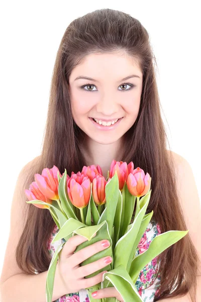 Gelukkig meisje met roze tulpen — Stockfoto