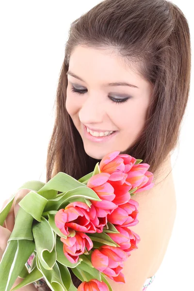Счастливая девушка с розовыми тюльпанами — стоковое фото
