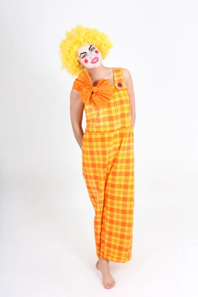 Funny clown with yellow hair and costume — Stock Photo, Image