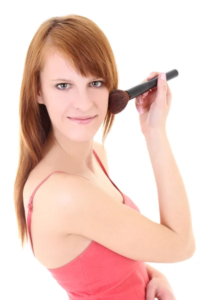 Adolescente feliz com pincel de maquiagem — Fotografia de Stock