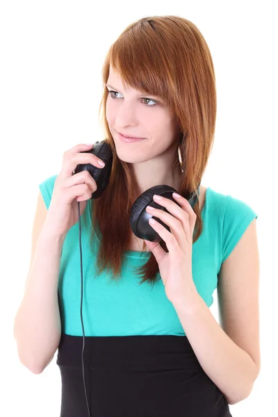 Gelukkig tiener met koptelefoon in jurk — Stockfoto