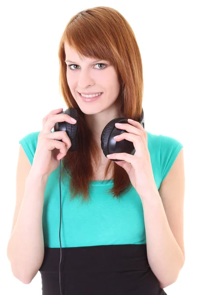Adolescente feliz com fones de ouvido no vestido — Fotografia de Stock