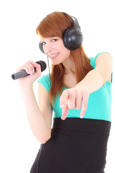 Adolescente feliz com fones de ouvido e microfone — Fotografia de Stock