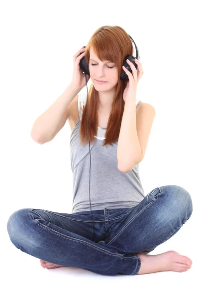 Boldog tinédzser fejhallgató ül — Stock Fotó