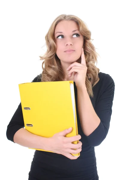Business woman with yellow folder thinking Stock Picture