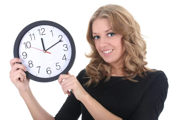 Happy woman in black with clock Stock Photo