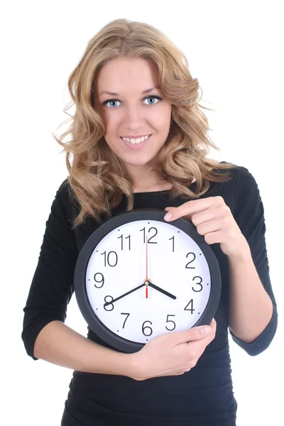 Happy woman in black with clock Royalty Free Stock Images