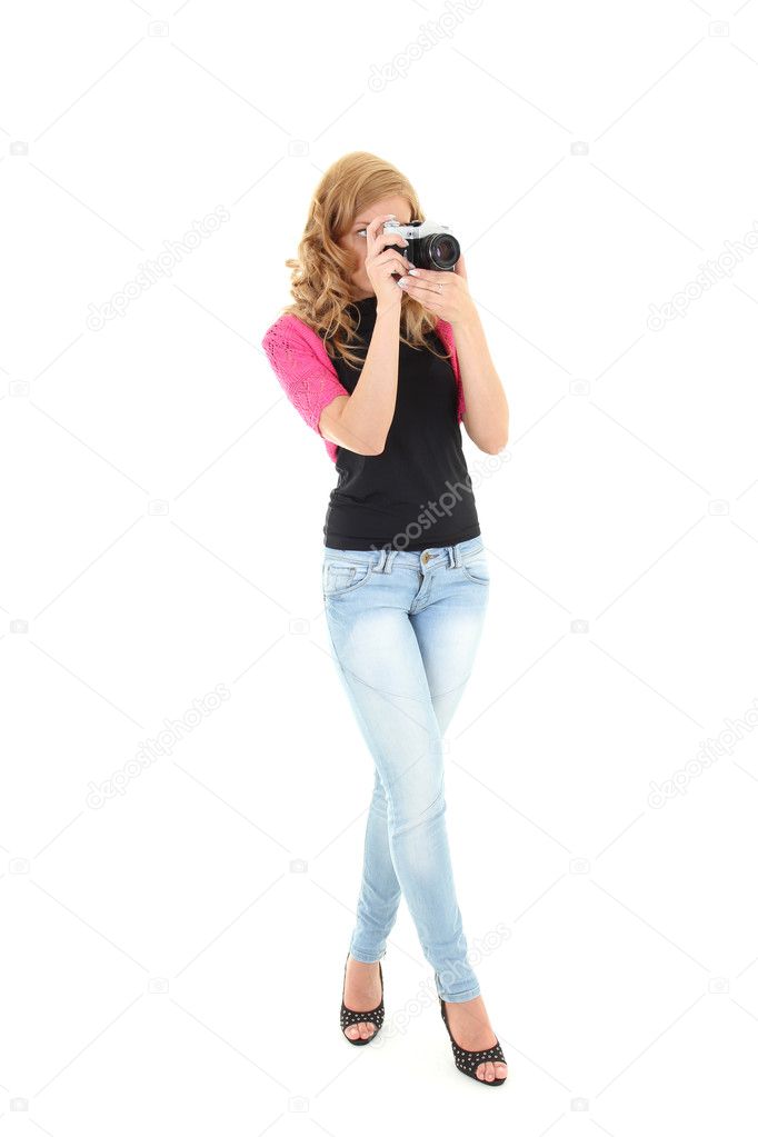 Blonde woman with retro camera