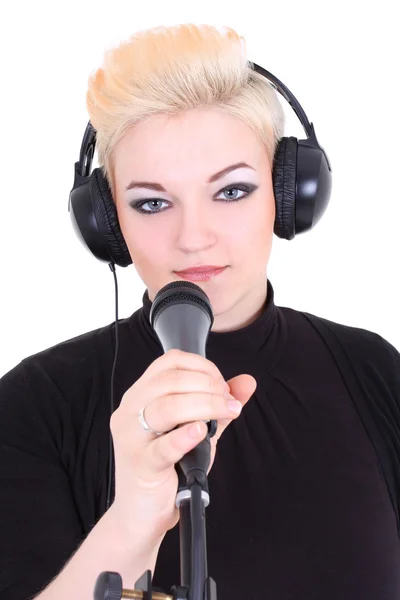 Šťastné blond žena s mikrofonem — Stock fotografie