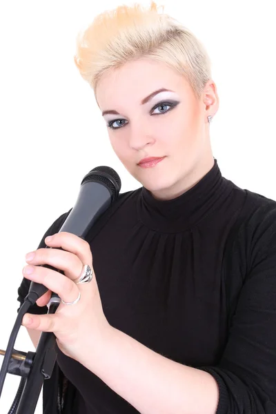 stock image Happy blonde woman with microphone