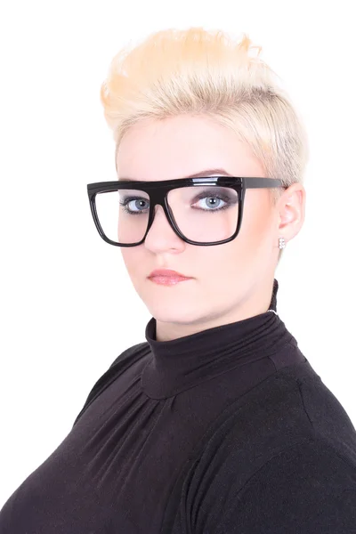 Blonde Frau in schwarzen Brillen — Stockfoto