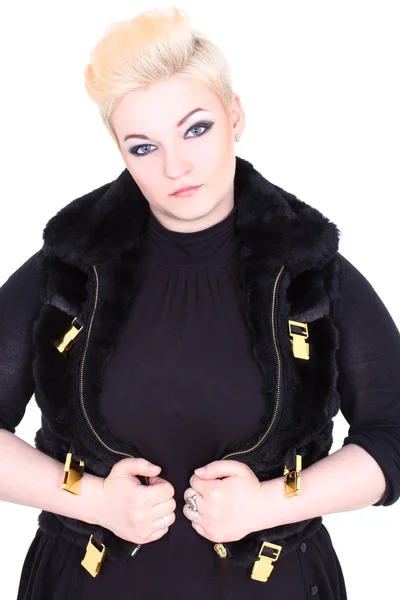 Blonde woman in black fur vest — Stock Photo, Image