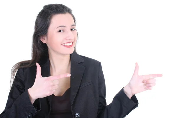 Ung affärskvinna pekar på kopia utrymme — Stockfoto