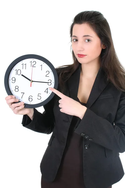 Geschäftsfrau zeigt auf Zeit — Stockfoto