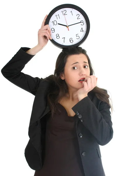 Shocked businesswoman with clock — Stock Photo, Image