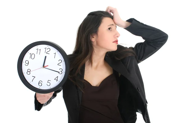 Empresária chocada com relógio — Fotografia de Stock