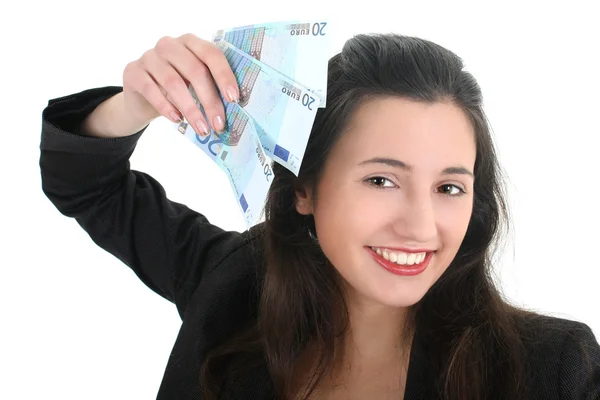 Glad affärskvinna med pengar — Stockfoto