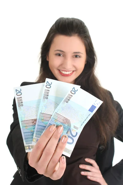 Freudig geschäftsfrau Ergebnis Geld — Stockfoto