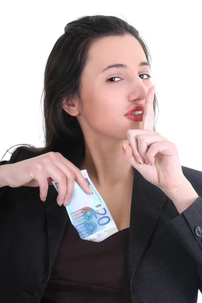 Geschäftsfrau versteckt Geld und tun shh Zeichen — Stockfoto