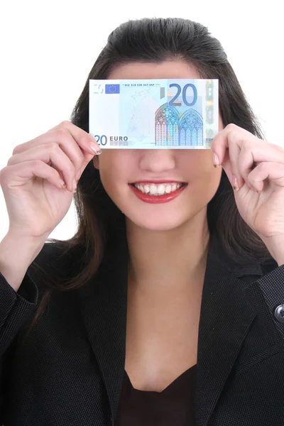 Freudig geschäftsfrau mit Euro-Geld — Stockfoto