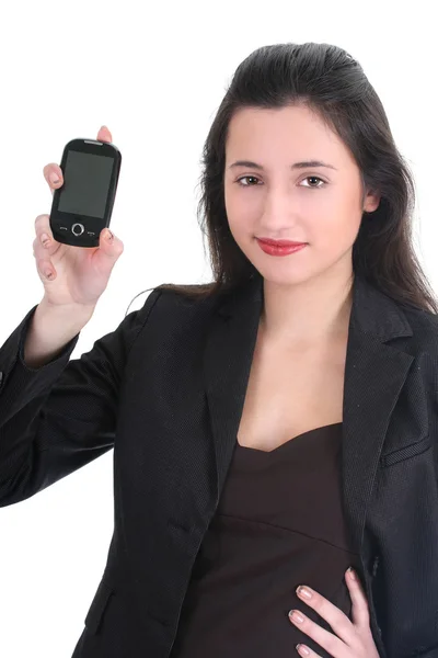 Jonge zakenvrouw met telefoon in de hand — Stockfoto