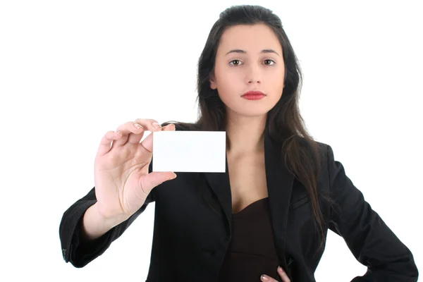 Mulher segurando um cartão comercial — Fotografia de Stock