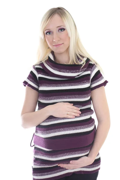 Schwangere Frau in Streifen Kleid — Stockfoto