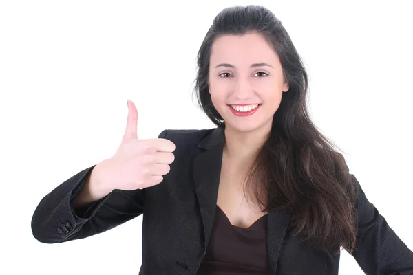 Ung affärskvinna med tummen upp tecken — Stockfoto