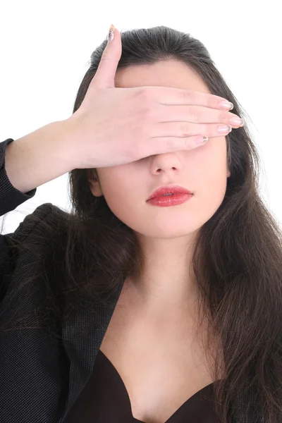 Blindfolded business woman in black suit — Stock Photo, Image
