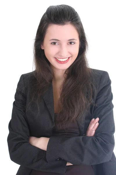 Молода бізнес-леді в чорному костюмі посміхається — стокове фото