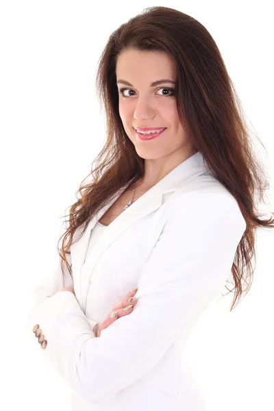 Morena empresária em terno branco — Fotografia de Stock