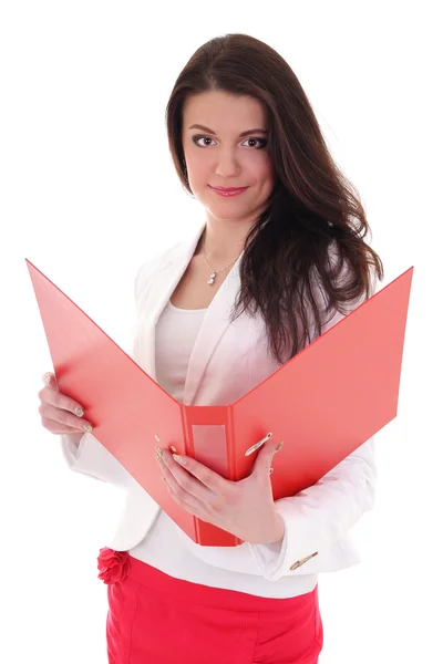 Ευτυχισμένη γυναίκα μελαχρινή με κόκκινο φάκελο — Φωτογραφία Αρχείου
