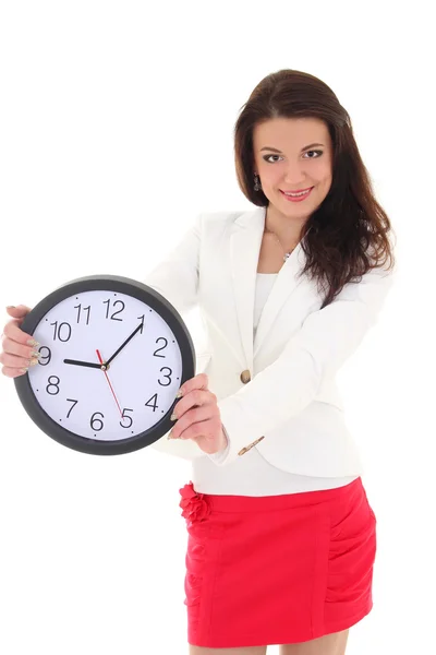Happy business woman showing clock — Stock Photo, Image