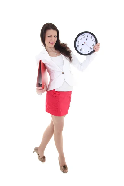 Mulher engraçada segurando pasta e relógio — Fotografia de Stock