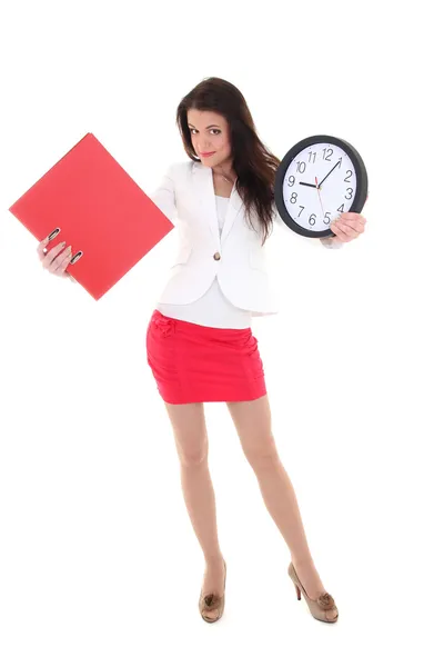 Mladá žena držící složku a hodiny — Stock fotografie