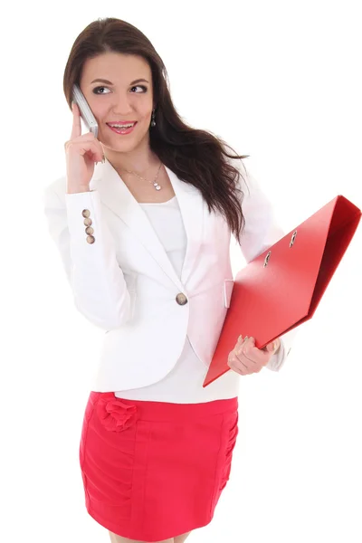 Happy woman with folder and telephone — Stock Photo, Image